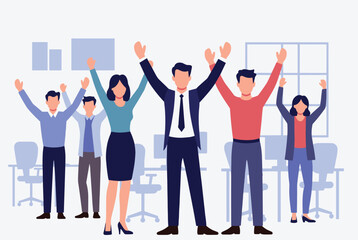 Obraz premium Dynamic team of diverse business professionals celebrates a victory by raising their arms in a modern office environment with workstations.