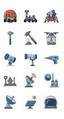 Space Exploration Icons: Mars Rover, Lander, Tools, Astronaut Helmet © Rifky
