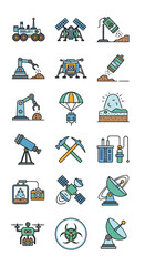 Space Exploration Icons: Mars Rover, Satellite, Drone, Telescope, Lander © Rifky