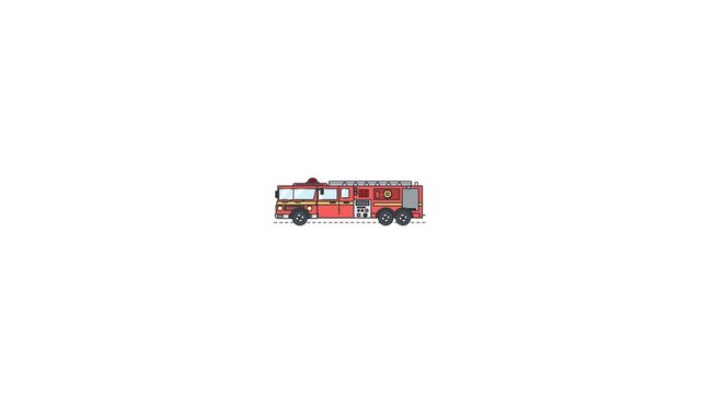 Side view of a red fire truck driving on a white background