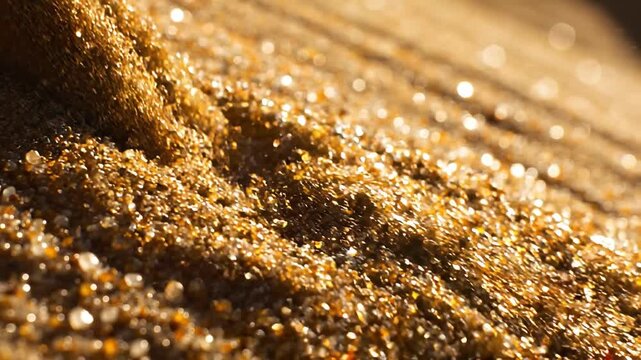 Golden Sand Grains Falling Down in Sunlight Close Up