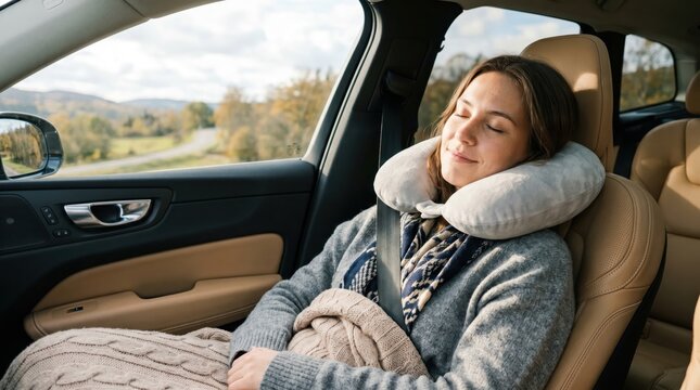 Relaxation. Female resting with neck support in vehicle.