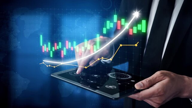 A businessman uses a tablet to analyze stock market trends. The digital display showcases growing financial charts and insights in a modern workspace environment. Copula