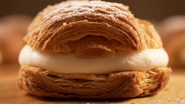 Extreme close-up of a delicious laminated pastry filled with smooth, thick white cream and dusted with powdered sugar, highlighting the crispy, layered texture.