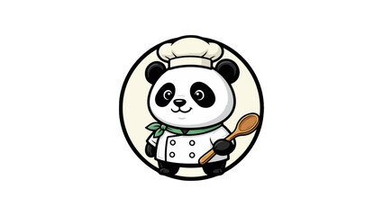 Chef Panda “Cute panda chef mascot logo holding spoon, restaurant branding vector"” minimal logo vector in black and white, cartoon, chef, cook, hat, illustration, vector, food, cooking, fun, characte © Design