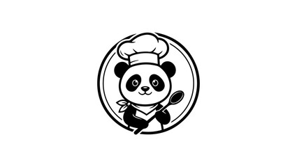 Chef Panda “Cute panda chef mascot logo holding spoon, restaurant branding vector"” minimal logo vector in black and white, cartoon, chef, cook, hat, illustration, vector, food, cooking, fun, characte © Design