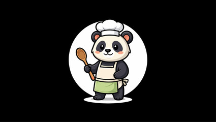 Chef Panda “Cute panda chef mascot logo holding spoon, restaurant branding vector"” minimal logo vector in black and white, cartoon, chef, cook, hat, illustration, vector, food, cooking, fun, characte © Design
