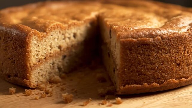 Macro view of freshly baked golden brown sponge cake with one piece sliced, showing moist crumb structure and crispy crust texture on a rustic wooden board.
