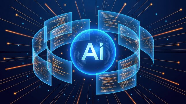 Artificial intelligence digital brain concept with code panels and glowing light patterns.