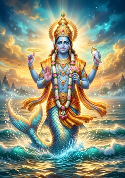Matsya avatar of lord vishnu rising from the cosmic ocean depicted digitally