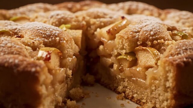 Close-up macro shot of delicious, freshly baked homemade apple crumb cake or pie with a missing slice, showing the sweet, gooey apple filling and dusted with powdered sugar.
