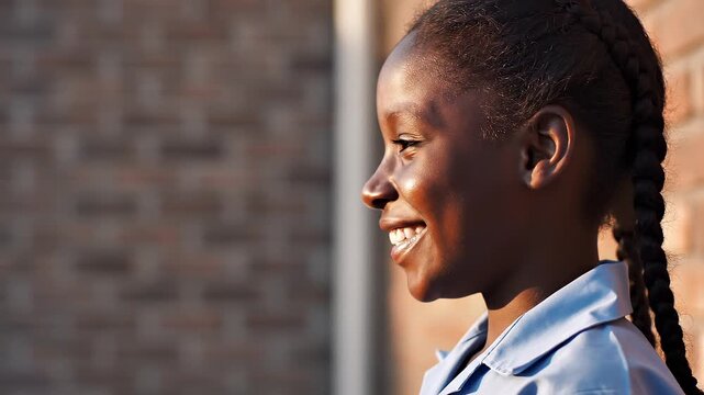 Happy young African girl drinking water from metal cup outdoors at sunset