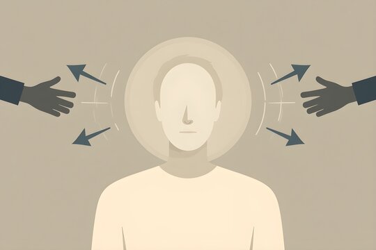 Hands pointing arrows toward faceless person head in flat illustration