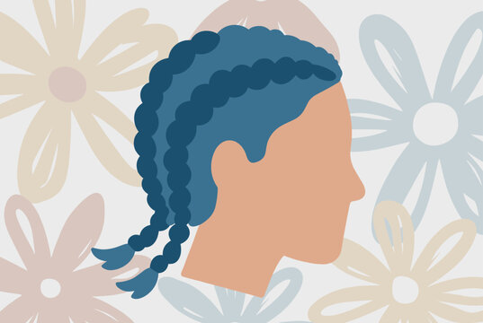 Elegant side profile of a person with blue braided hair set against a soft background of large pastel floral patterns.