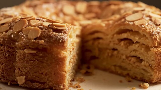 Extreme close-up of a freshly baked almond-crusted brioche or layered cake, showcasing the flaky, golden texture and crunchy topping.