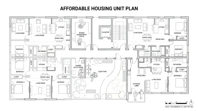 Affordable Housing Unit Plan with Courtyard and Shared Spaces floor plan blueprint