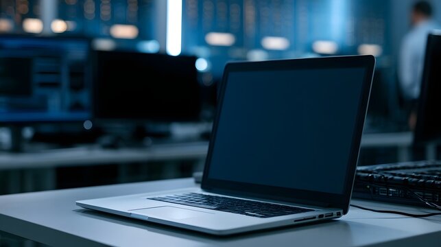 A modern laptop rests on a desk surrounded by various electronic devices and cables in a dimly lit professional workspace