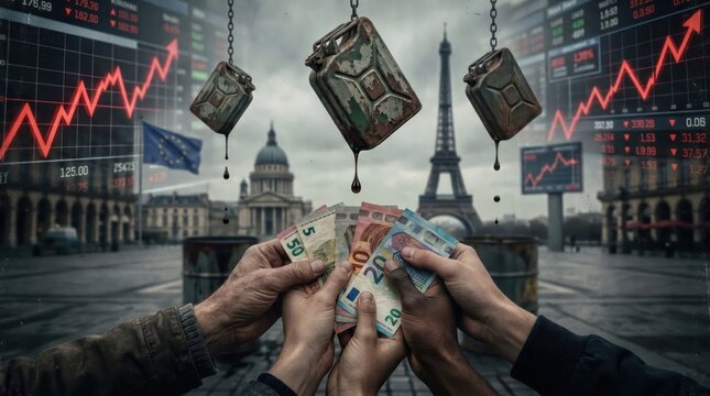 Rising fuel costs. Several hands grasping euro notes beneath dripping oil from fuel containers. Escalating energy expenses, inflation, and ongoing financial setbacks in energy sectors.