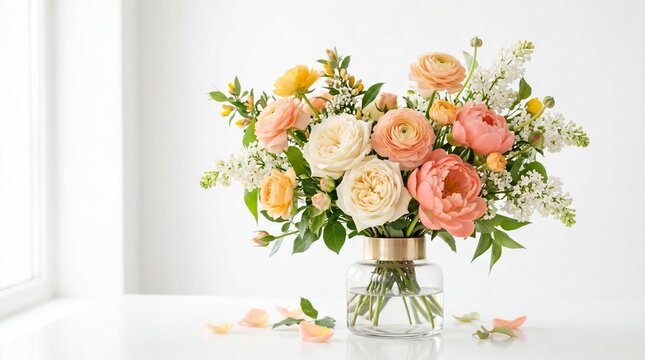 Elegant pastel bouquet with rose, peony, ranunculus and lilac in glass vase on white table near window, soft light and copy space.