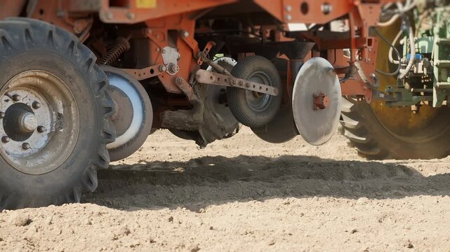 Detailed view of potato planting equipment operating on cultivated farmland. Agricultural machinery forms furrows and performs planting operations during the spring farming season.