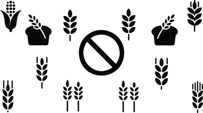 Gluten free dietary product label collection with minimal black grain spike stalks sliced bakery bread loaf and prohibited wheat allergen warning signGluten free dietary product label collection with 