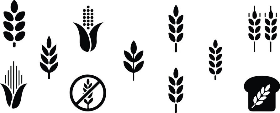 Gluten free dietary product label collection with minimal black grain spike stalks sliced bakery bread loaf and prohibited wheat allergen warning sign