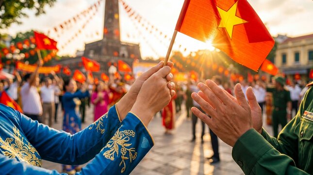 Woman in traditional blue ao dai holding Vietnamese flag aloft. Man in military uniform clapping enthusiastically. Vietnam independence day festivities embodying unity and national pride