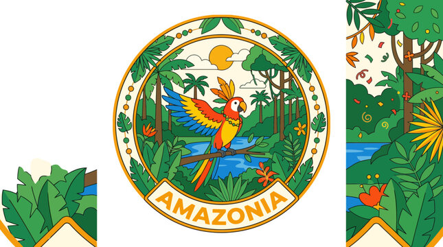 Amazonia emblem with colorful macaw and tropical jungle foliage.