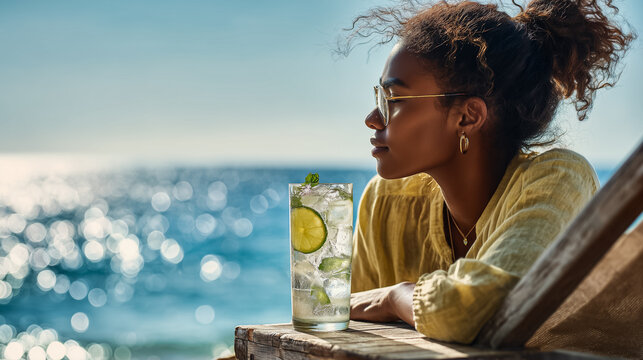 A stylish dark-skinned woman in glasses with a cocktail is sitting by the sea, enjoying a sunny day. The concept of summer vacations, travel, carefree and tropical relaxation.
