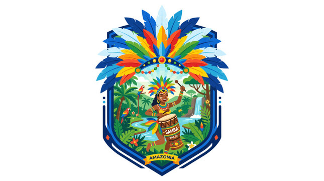 Amazonia emblem with tribal figure and rainforest wildlife.