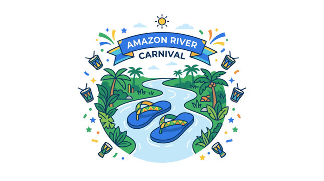 Amazon River Carnival logo with river landscape and drums.