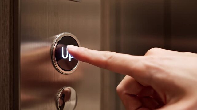 Person pressing the up button on a modern silver metal elevator panel