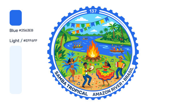 Amazon River samba festival circular emblem with dancers.