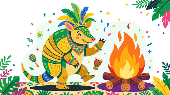 Armadillo character dancing by bonfire at Brazilian carnival festival.