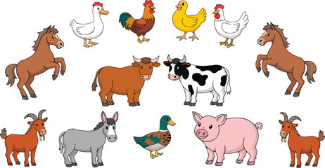 Fototapeta premium Adorable domestic country breeding livestock character collection with smiling dairy cattle spotted piglet rearing horses and poultry birds for kids education