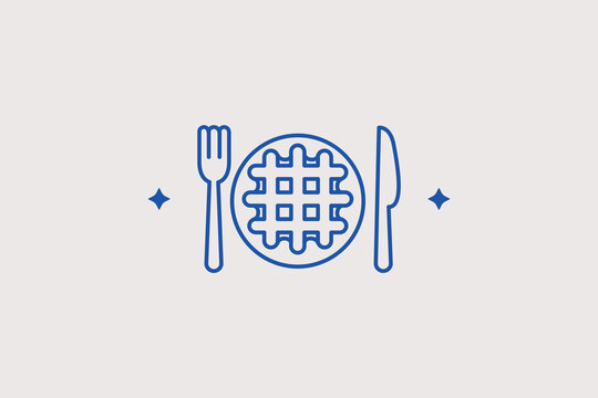 Golden crispy round waffle on plate with fork and knife line icon for breakfast menu for cafe retail apps. Professional vector illustration for bakery delivery platforms, sweet food cooking databases.