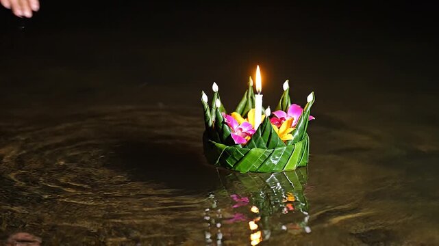 Person releasing beautiful traditional Krathong with lit candle, flowers on dark water at night