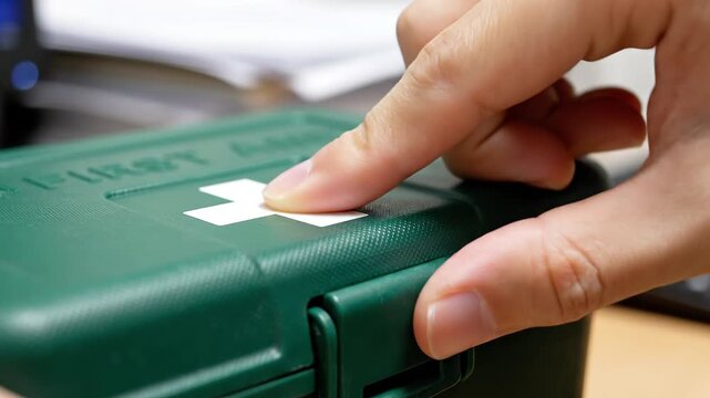 Person touching a green first aid kit to prepare for medical emergency