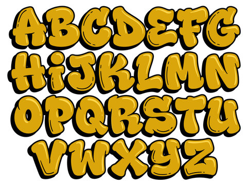 Vibrant yellow graffiti bubble alphabet with thick black shadows and organic rounded shapes on white base.