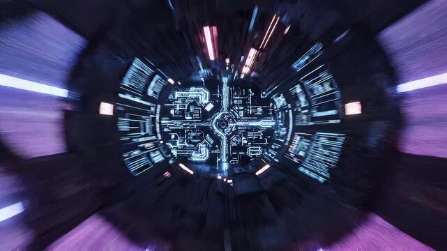 Futuristic sci-fi tunnel zoom leading to a glowing digital circuit interface