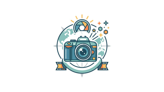 Travel Photography Emblem with Camera and World Map