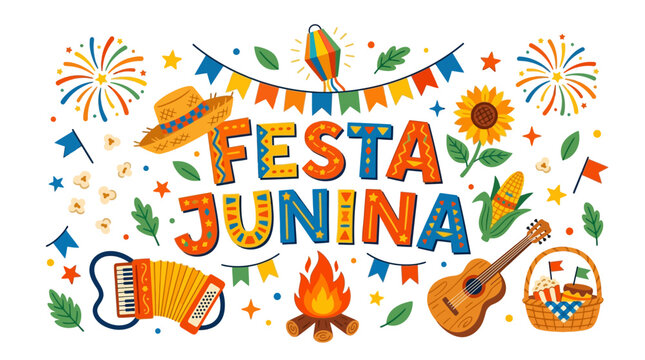 Festa Junina typography with traditional elements and festive decorations