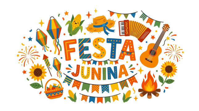 Festa Junina celebration with festive decorations, music, and traditional elements like corn and sunflowers