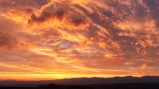 Sweeping Drone 4K timelapse of a brilliant fiery dawn illuminating the sky in vibrant red, gold, and orange hues. Dramatic morning clouds evolve over a majestic dark mountain silhouette.