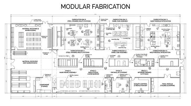 Modular Fabrication Facility Layout and Production Stages Blueprint industrial