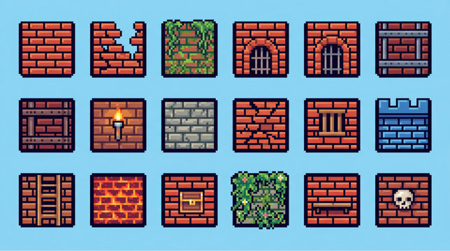 Pixel Art Wall Textures Brick and Stone Dungeon RPG Game Tileset Pack