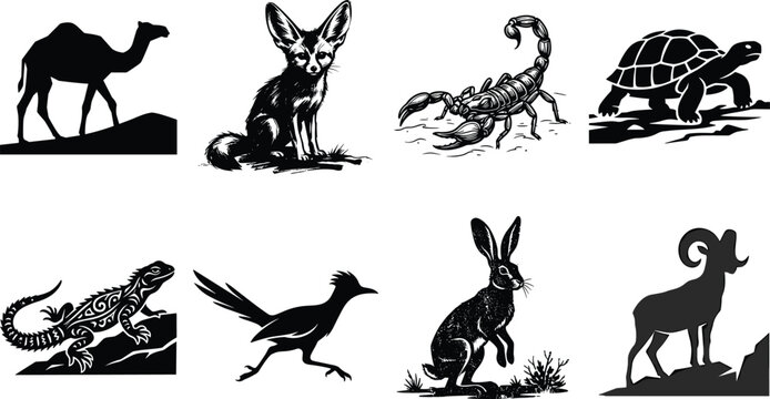Desert animals silhouette icon set featuring camel fennec fox scorpion tortoise lizard roadrunner jackrabbit and bighorn ram