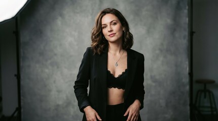 Fototapeta premium Studio portrait of a young brunette in a black lace bra and jacket against a gray backdrop.
