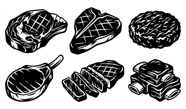 Black and white illustration of various steak cuts