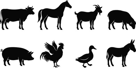 Farm animals silhouette collection featuring cow horse goat sheep pig rooster duck and donkey isolated on white background © Sirajul
